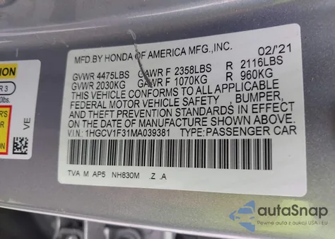 2021 Honda Accord Sport z USA, uszkodzony, nr VIN 1HGCV1F31MA039381